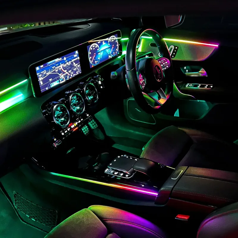 RGB ambient interior lighting installed in a car dash and doors in Vancouver, BC