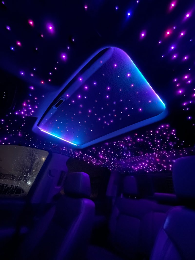 RGB sunroof lighting strip installed around a panoramic sunroof in Edmonton